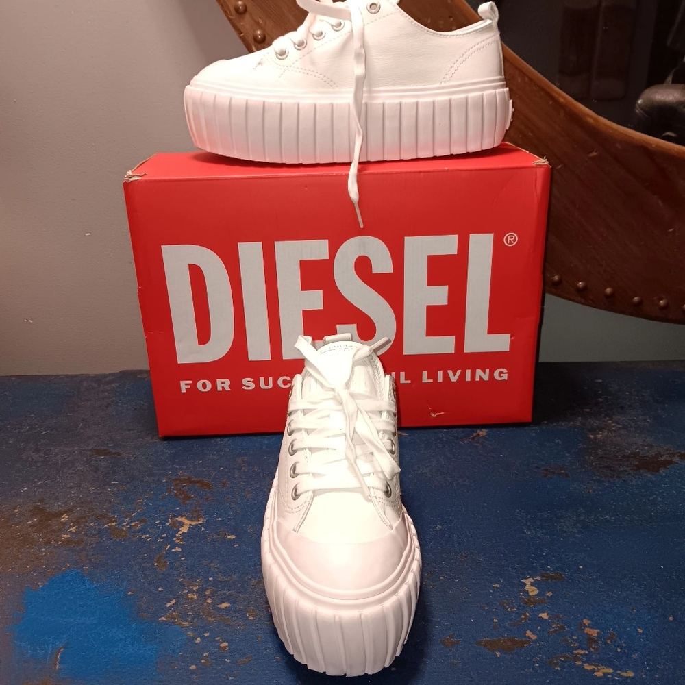 Diesel White Leather Sneakers with Chunky Platform Sole - Picture 2 of 5